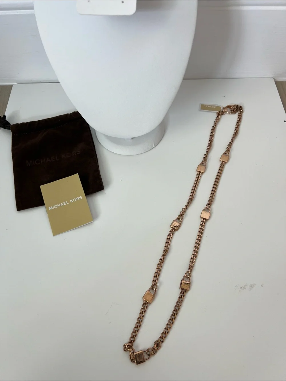 NWT Michael Kors Rose Gold Tone Logo Station 32” Necklace